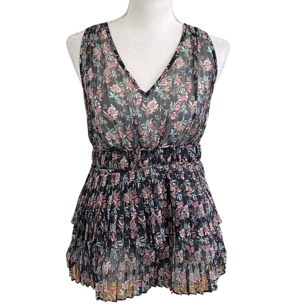 FOXIEDOX BLACK FLORAL CHIFFON TIERED PLEATED SLEEVELESS TUNIC BLOUSE TOP - XS